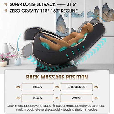 Lzour Ganzkörper-elektrischer Null-Gravity Shiatsu-Massagestuhl mit intelligenter Körpererkennung, Bluetooth-Heizung und Bluetooth-Musik für Zuhause und Büro,Beige