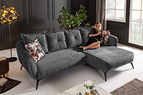 riess-ambiente.de Elegantes Ecksofa Desire 277cm grau Samt mit Zierkissen Retro Stil Sofa Eckcouch Couch