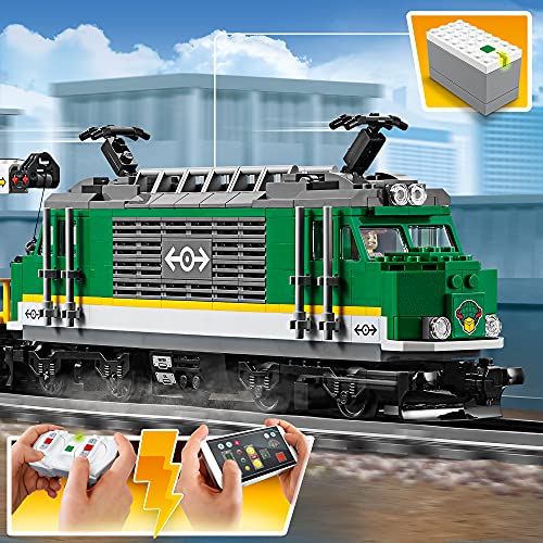 LEGO 60198 City Güterzug, Set mit batteriebetriebenem Motor, Bluetooth-Fernbedienung, 3 Wagen, Gleise und Zubehör