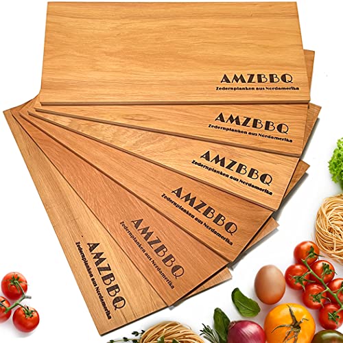 AMZBBQ® Premium Grillplanken - 6er Set Zedernholzbretter zum Grillen - 28 x 14 cm Grillbretter für Gas- & Kohlegrill - Räucherbretter für Lachs - Grillzubehör Geschenk für Männer & Frauen