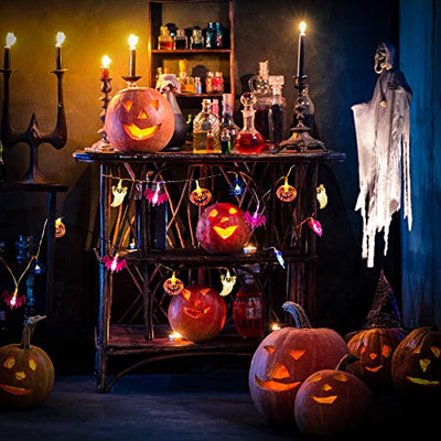 WUJUN Halloween-Lichterkette 2m 20LEDs, Kürbisse, Geister, Fledermäuse, Spinne, batteriebetrieben, Lichterkette für Fenster, Veranda, Treppen, Bar, Halloween, Dekorationen