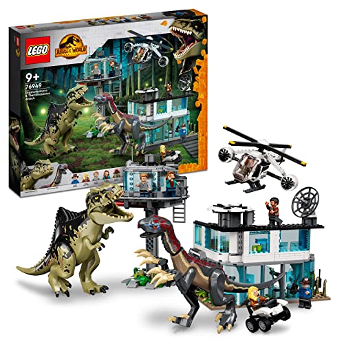 LEGO 76949 Jurassic World Giganotosaurus & Therizinosaurus Angriff, Dinosaurier Spielzeug mit Hubschrauber, Auto und 2 Dino Figuren, Geschenk zu Weihnachten