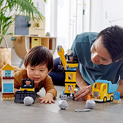 LEGO 10932 DUPLO Baustelle mit Abrissbirne, Spielzeug mit Baustellenfahrzeugen wie LKW, Kran und Bagger, Motorikspielzeug für Kinder ab 2 Jahre