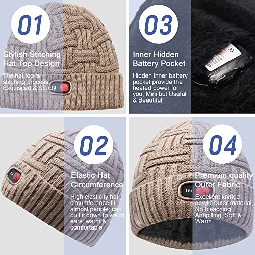 Svpro Männer Frauen Wiederaufladbar Elektrisch Warm Beheizte Mütze Winter Batterie Beheizt Strickmütze Thermisch Dickes Fleece Schädel Mützen (Khaki)