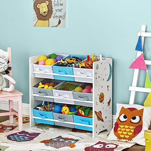 SONGMICS Kinderzimmerregal, Spielzeug-Organizer, Bücherregal für Kinder, mit 9 Aufbewahrungsboxen aus Vliesstoffe, Kinderzimmer, Schule, Kindergarten, 62,5 x 29,5 x 60 cm, Weltall-Motive, weiß GKR33WT