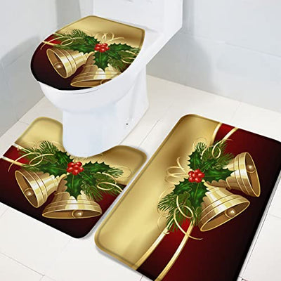 Weihnachten 3-teiliges Badezimmerteppich-Set, goldene Glocken und Bänder, strapazierfähiges, weiches Badematten-Set mit Konturteppich, Toilettendeckelabdeckung for Dusche/Badewanne, 18"x30"+14"x18"+15