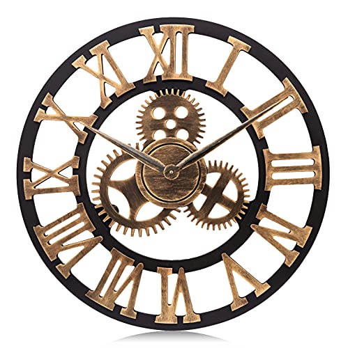 Lafocuse 58 cm Industriell Groß Steampunk Zahnrad Gold Wanduhr XXL Lautlos Holz Quarzuhr mit Romische Zahlen Vintage für Büro Wohnzimmer