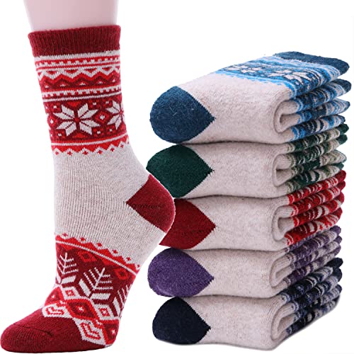 ANTSANG Damen Merino Socken Wolle Wandersocken Warme Wollsocken Atmungsaktiv Thermosocken Geschenke für Frauen Weihnachten Dicke Wintersocken Weihnachtsgeschenke 5 Paar (Schneeflocke A(hellgrau))