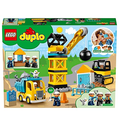 LEGO 10932 DUPLO Baustelle mit Abrissbirne, Spielzeug mit Baustellenfahrzeugen wie LKW, Kran und Bagger, Motorikspielzeug für Kinder ab 2 Jahre