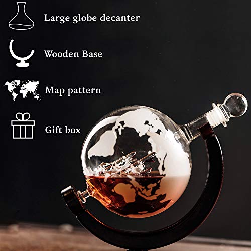 Whisky Karaffe Globus für Alkohol - Whiskey Decanter Bar Set mit Gläser Holzständer und Weltkarte - Geschenke für Männer und Frauen - Glas Flasche für Gin, Rum, Scotch, Likör, Bourbon, Wodka, Brandy