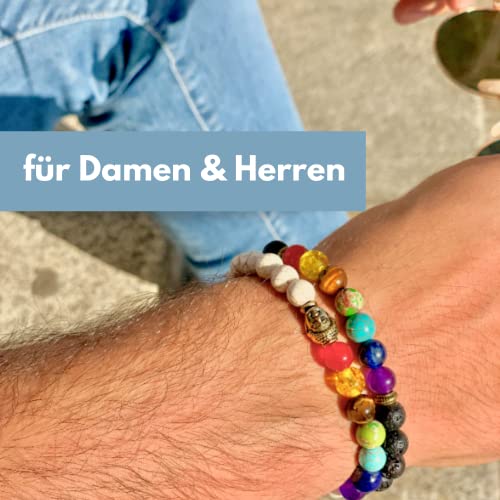 Aura Design 7 Chakra Perlenarmband für Damen und Herren - edle Naturperlen - Yoga Armband - Meditation - Buddha Armband - Stein Armband - Gelbes Tigerauge - [19,5 cm Umfang] & [8 mm Perlen] …