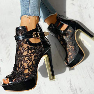 Minetom Sandalen Damen Pumps Schuhe Lace Hohl Blockabsatz High Heels Open Toe Sandalen Abend Party Braut Sommerschuhe A Schwarz 39 EU