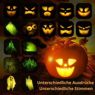 LITAKE Animierte Kürbis Projektionslampe Halloween Sprechende Projektionslampe, 16 Animationen und Soundeffekte,Englische Version,Eingebauter Projektor Lautsprecher für Halloween Deko Familienfeier