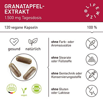 LifeWize® Granatapfel Extrakt Kapseln - 40% Ellagsäure (20:1 Extrakt) - 1500 mg Hochdosiert pro Tagesdosis - 120 Kapseln - Vegan & ohne unerwünschte Zusätze