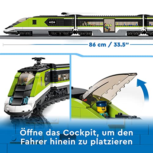 LEGO 60337 City Personen-Schnellzug, Set mit ferngesteuertem Zug mit Scheinwerfern, 2 Wagen und 24 Schienen-Elementen, Eisenbahn-Spielzeug, Geschenk zu Weihnachten für Mädchen und Jungen