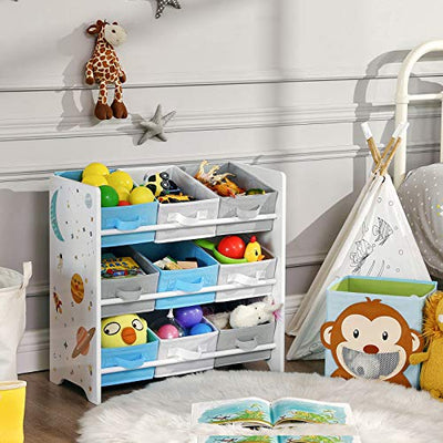 SONGMICS Kinderzimmerregal, Spielzeug-Organizer, Bücherregal für Kinder, mit 9 Aufbewahrungsboxen aus Vliesstoffe, Kinderzimmer, Schule, Kindergarten, 62,5 x 29,5 x 60 cm, Weltall-Motive, weiß GKR33WT