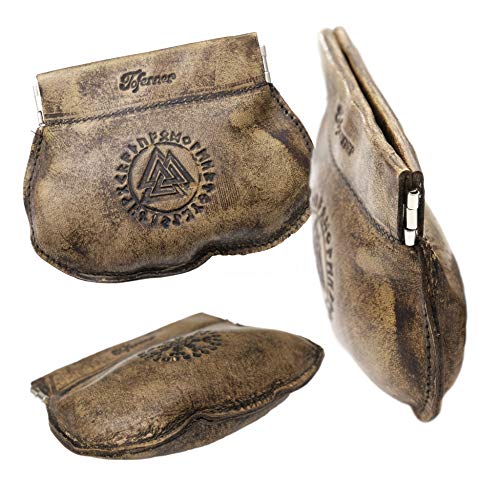 Mittelalterliche Ledertasche in braun mit geprägten Symbolen aus der alten Runen und den Symbolen Aegishjalmur und Valknut, ein originelles Geschenk von Toferner.