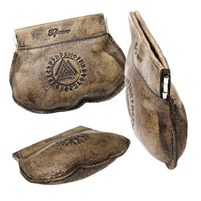 Mittelalterliche Ledertasche in braun mit geprägten Symbolen aus der alten Runen und den Symbolen Aegishjalmur und Valknut, ein originelles Geschenk von Toferner.