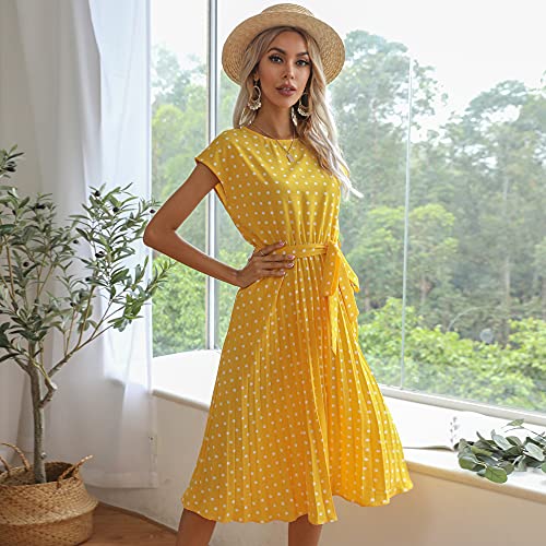 Blooming Beauty Damen Sommerkleid Polka Dots Kurzarm Rundhals Knielang Strandkleid Elegant Casual Lose Cocktail Party Kleider Faltenkleid Freizeitkleid mit Gürtel (Gelb, XXL)