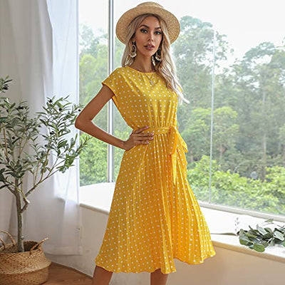 Blooming Beauty Damen Sommerkleid Polka Dots Kurzarm Rundhals Knielang Strandkleid Elegant Casual Lose Cocktail Party Kleider Faltenkleid Freizeitkleid mit Gürtel (Gelb, XXL)