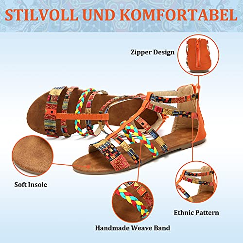 Camfosy Damen Flach Römische Sandalen,Frauen Böhmen Mehrfarbig Webmuster Sommerschuhe Freizeit Urlaub rutschfest Gemütlich Reißverschluss Riemchensandalen - Blau Orange Rot