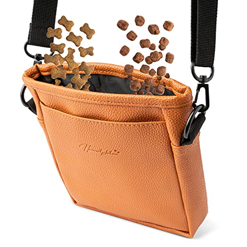 Heimatpfoten® Futterbeutel für Hunde aus Leder-Imitat - Gassi-Tasche mit Einhand Magnet-Verschluss - Hunde-Leckerli-Beutel - Zwei Kammern - Futtertasche Training Welpen-Erziehung Braun