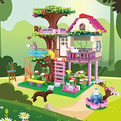 HOGOKIDS Baumhaus Bauspielzeug - Konstruktionsspielzeug ab 6 7 8 9 10+ Jahre für Mädchen Jungen, STEM Bausteine Spielzeug Waldhaus 613PCS mit Springbrunnen und Tieren | Spielzeughaus Geschenk