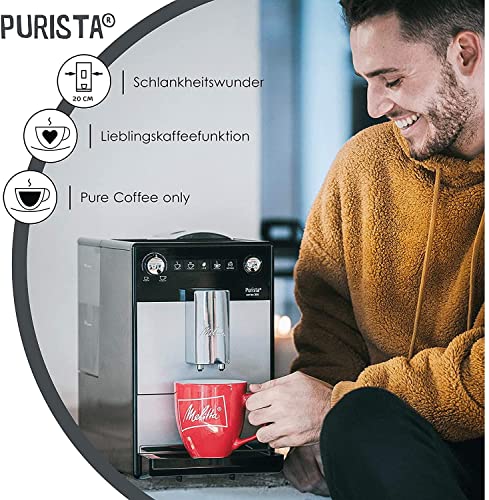 Melitta Purista F 230-101 Kaffeevollautomat mit flüsterleisem Kegelmahlwerk (Direktwahltaste, 2-Tassen Funktion, 20 cm Breite, entnehmbare Brühgruppe) silber/schwarz