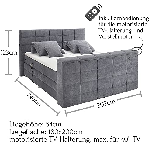 DENVER 6 Boxspringbett 180x200 elektrisch verstellbar, Anthrazit - Bequemes Doppelbett mit motorisierter TV-Halterung - 202 x 123 x 240 cm (B/H/T)