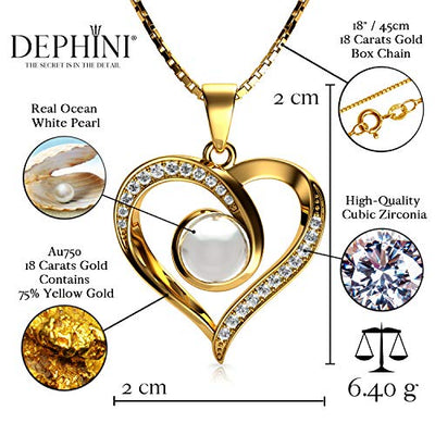 DEPHINI - 18 Karat Gold Perlenkette für Frauen, gelber Herzanhänger, CZ-Kristalle, feiner Schmuck