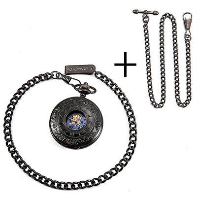 ManChDa® Klassiker Taschenuhr Retro-Zifferblatt mit römischen Ziffern Steampunk Skelett Mechanisch Zarte Bewegung für Männer Frauen mit Kette (Schwarz) + Geschenk-Box