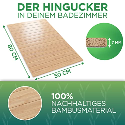 Green'n'Modern Badematte aus Bambus rutschfest 80 x 50 | Bambusmatte Badteppich Badezimmer | Holz Duschvorleger hygienisch | Holzteppich Fußbodenauflage | Bambusteppich als Badmatte | WC-Matte