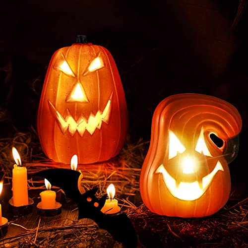 Halloween Deko Kürbis LED, 2-er Set Kürbis Deko, Kürbisse Teelichthalter Windlichter mit Warmweiß Licht, Baterriebetrieben Laterne Halloween Deko Windlicht Herbstdeko für Garten Terrasse Front Tür