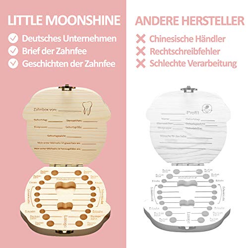 Original Little Moonshine Zahndose Milchzähne inkl. Geschichten der Zahnfee - Zahnbox für Milchzähne aus Holz für Mädchen und Jungen - Milchzahndose Holz - Geschenkideen zu Taufe und Geburtstag