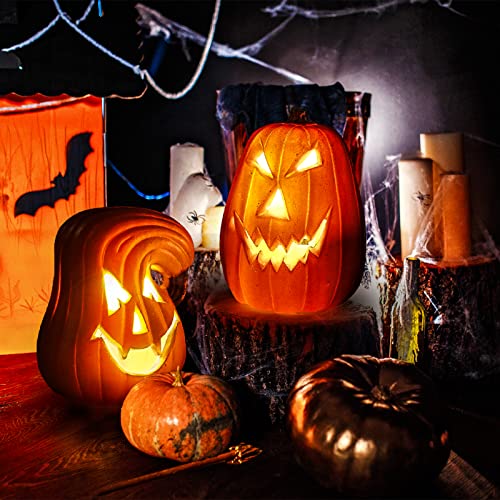 Halloween Deko Kürbis LED, 2-er Set Kürbis Deko, Kürbisse Teelichthalter Windlichter mit Warmweiß Licht, Baterriebetrieben Laterne Halloween Deko Windlicht Herbstdeko für Garten Terrasse Front Tür