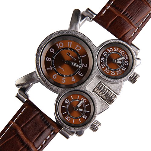 VDYXEW Retro Oulm armbanduhren Herren Uhr Steampunk Herren Armbanduhr mit Braun 3-movt Quarz Zifferblatt Braun und Lederarmband