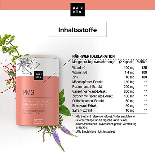 Pure Ella Vitalstoffkomplex für Frauen - Enthält Mönchspfeffer, Frauenmantel, Safran, Vitamin C, B6 & Zink - Für die Zeit vor der Menstruation - Natürlich, hormonfrei, vegan - 60 Kapseln