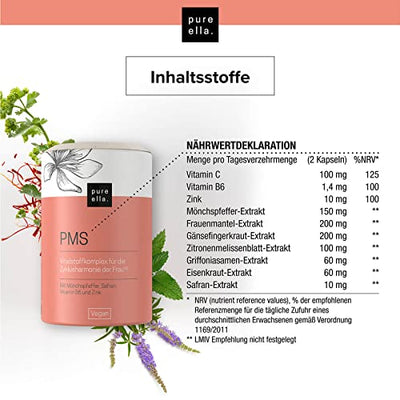 Pure Ella Vitalstoffkomplex für Frauen - Enthält Mönchspfeffer, Frauenmantel, Safran, Vitamin C, B6 & Zink - Für die Zeit vor der Menstruation - Natürlich, hormonfrei, vegan - 60 Kapseln