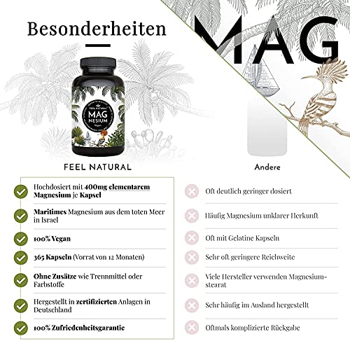 Magnesium Kapseln - 365 Stück (1 Jahr). 664mg je Kapsel, davon 400mg ELEMENTARES (reines) Magnesium - höherer Gehalt als Magnesiumcitrat. Laborgeprüft, hochdosiert. Vegan, in Deutschland produziert