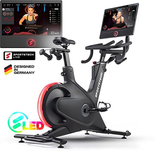 sBike Smart Indoor Cycling Bike, 21,5“ Touch Display, LED + Live & On Demand Kurse inkl. 1 Jahr Premium Mitgliedschaft im Wert von 360€ + großem Zubehör Bundle | Heimtrainer Sportstech Fitness Bike