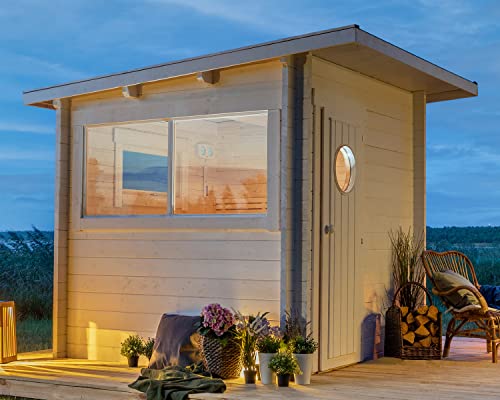 Polhus Gartensauna aus Holz Jorma, Outdoor-Sauna modern für 4 Personen, Außensauna Garten mit Panoramafenster aus Isolierglas, Saunahaus 239 x 288 x 227 cm, naturbelassen