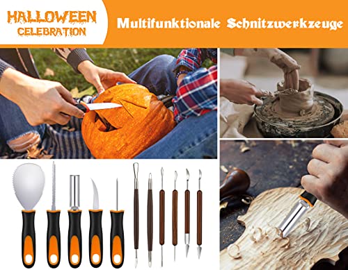 Kürbis Schnitzset, 28Stck Halloween Kürbis Schnitzset mit Vorlagen Professionelles Kürbis Schnitzmesser für Kinder Hohe Qualität Edelstahl Kürbis Schneidzubehör