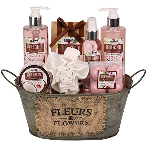 BRUBAKER Cosmetics Bade- und Dusch Set Kokosnuss & Erdbeer Duft - 10-teiliges Geschenkset in Vintage Wanne