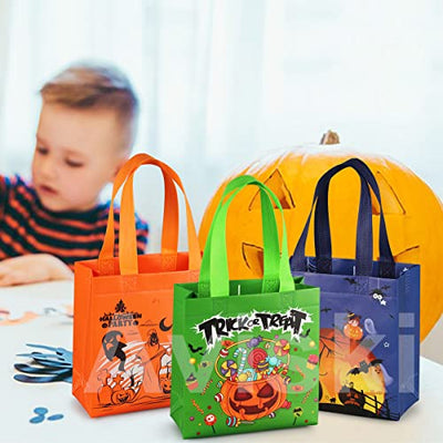 16 Stück Halloween Trick or Treat Taschen, Halloween Tragetaschen mit Griffen, Geschenktüten, multifunktionale Non-Woven Halloween Taschen zum Verpacken von Geschenken, Halloween Party Zubehör