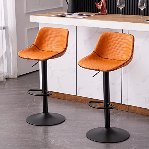 YOUNUOKE 2X Barhocker Barstuhl Geflochtene Design Küchenstühle, Hochwertiger Kunstleder Gepolsterter Sitz mit Rückenlehne, Thekenhocker Höhenverstellbar und 360° Drehbar für Küche und Bar Orange