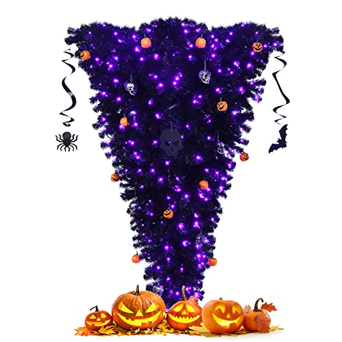 DREAMADE 180cm schwarz künstlicher Weihnachtsbaum, beleuchteter Halloweenbaum, klappbarer künstlicher Tannenbaum mit LED-Lichtern, umgedrehter Deko-Baum für Haus, Büro, Karneval, Grusel-Themenparty