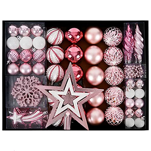 YILEEY Weihnachtskugeln Weihnachtsdeko Set Rosa 88 STK in 19 Farben, Kunststoff Weihnachtsbaumkugeln Box mit Aufhänger Christbaumkugeln Plastik Bruchsicher, Weihnachtsbaumschmuck, MEHRWEG