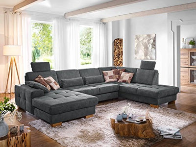 CAVADORE Wohnlandschaft Puccino mit Federkern, Sitztiefenverstellung und 2 Kopfstützen / Sofa in U-Form im Landhausstil / 340 x 86 x 224 cm / Mikrofaser grau