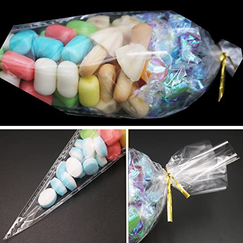 Flimflim Candy Bar Tüten Reißfest mit Kabelbinder, Süßigkeiten Tüten Candybar Cone Cellophantüten Bonbons, 13X25cm Durchsichtig Geschenktüten für Hochzeit Kindergeburtstag Party 100 Stk