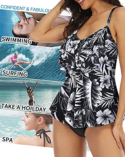 WIN.MAX Damen Tankini Bademoden Sets Hohe Taille Rüschen Volant 2 Stück Bikini Set Schwimmkostüm Plus Size Badeanzug (Monochrome Floral, EU42)